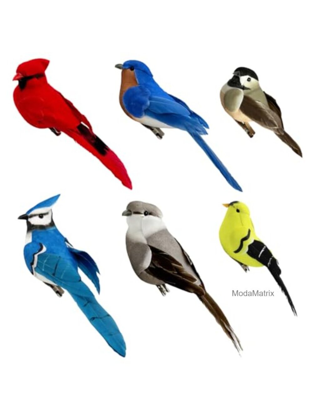 6pc Artificial Feathered Song Bird Clip-On Ornaments Wreath Crafts